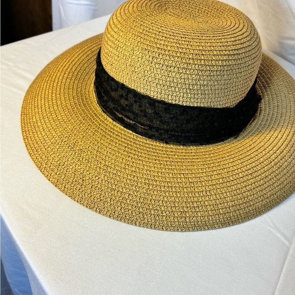 Tan & Black Wide Brim Woven Sun Hat, Elegant Resort Beach Hat - Picture 5 of 6